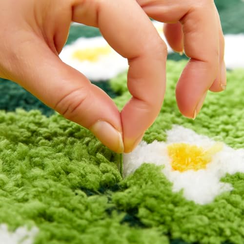 Cute Floral Bathroom Rugs Set 2 Piece, Non Slip Microfiber Green Grass Flowers Bath Mat 20x32 + Contour Toilet Rug 20x24 Machine Washable Great Absorbent, Boho Aesthetic Bath Mat Set for Bathroom - size: 20''W x 32''L + 20''W x 24''L