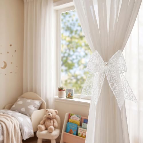 White Lace Bow Curtain Tiebacks 6-Pack, Vine Floral Curtain Holdbacks - color: White Leaf Filigree