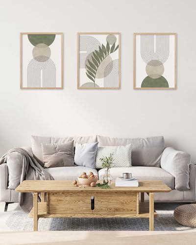 HesenDot 12x16in Boho Sage Green Geometric Natural OAK Wood Framed Wall Art - color: Boho Green Geometric