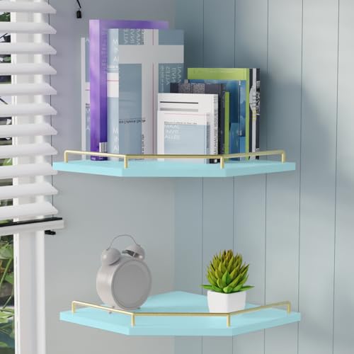 Tirzah Blue Wall Mount Corner Shelf with Gold Metal Guardrail, 2-Tier 9.5-inch Diamond-Shaped Wood Corner Floating Shelves for Home Decor Kitchen Organizer - color: Blue