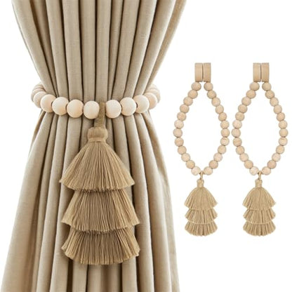 Magnetic Curtain Tiebacks with Wood Beads, Boho Rope Drapery Holdbacks with Triple Tassels, No Drill Curtain Holders for Farmhouse Bedroom, Living Room or Nursery, 2 Pack, Taupe - color: Taupe