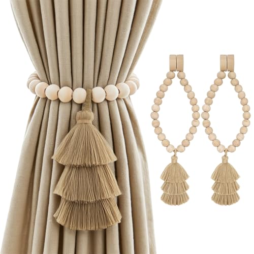 Magnetic Curtain Tiebacks with Wood Beads, Boho Rope Drapery Holdbacks with Triple Tassels, No Drill Curtain Holders for Farmhouse Bedroom, Living Room or Nursery, 2 Pack, Taupe - color: Taupe
