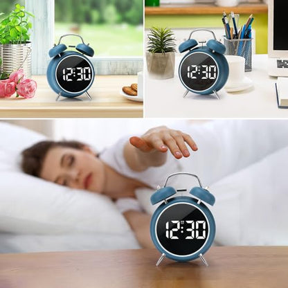 Digital Small Alarm Clock, 4.5 Inch Double Bell Electronic LED Alarm Clock - color: Blue