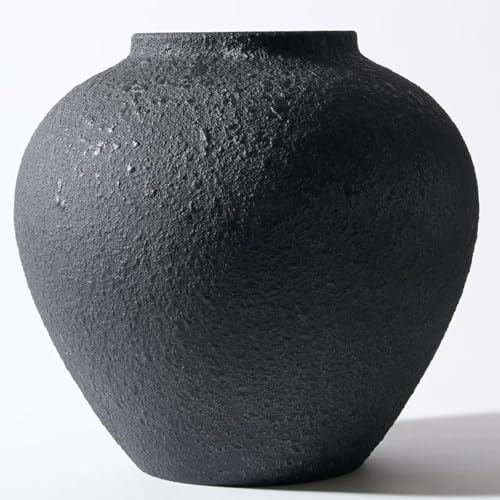 Large Black Round Vase, Pottery Rustic Look for Home Decor - color: Black Large Round