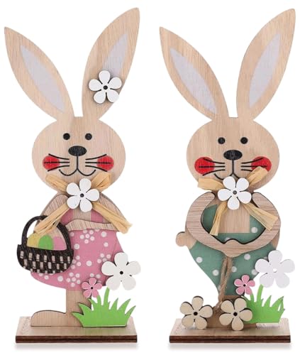 Easter Bunny Decor – 2Pcs Farmhouse Wooden Easter Decorations for Home, Rustic Spring Signs Table Centerpiece, Cute Natural Wood Rabbit Figure for Mantle Shelf Tiered Tray Indoor Decor - color: Fh3013