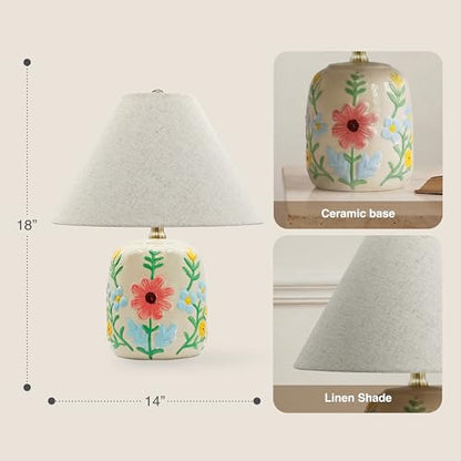 Abani Rosalie Floral 19” Table Lamp – Cream Ceramic Base with Wheat Linen Cylinder Shade, E26 2-Way Bulb Included – Elegant Bedside Lamp for Bedroom, Living Room, Entryway or Nightstand