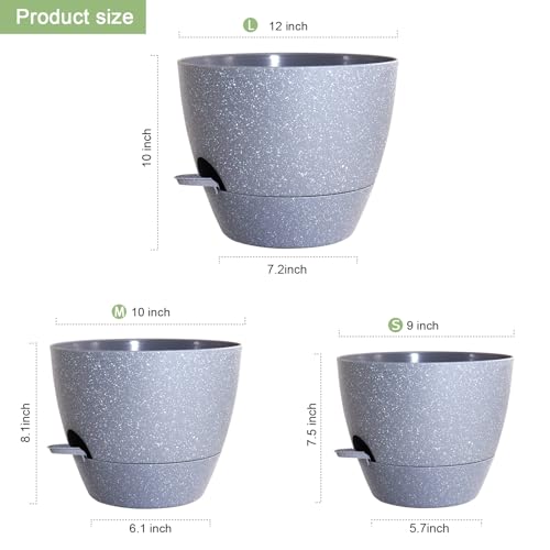 WSMKSZ 12/10/9 inch Self Watering Pots for Indoor Outdoor Plants, Set of 3 - color: Speckled Grey, size: 12"+10"+9"