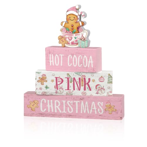 Smile 4 Wooden Christmas Signs, Hot Cocoa Pink Gingerbread Decor - style: Pink Christmas