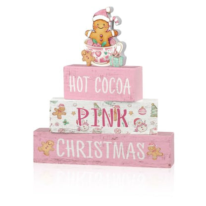 Smile 4 Wooden Christmas Signs, Hot Cocoa Pink Gingerbread Decor - style: Pink Christmas