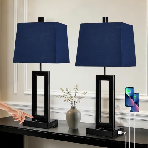 Cinkeda Blue Bedside Table Lamp Set of 2, Nightstand Lamps with USB Ports - color: E.Blue&Black