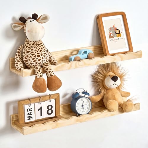 Fun Memories Picture Ledge Shelf for Wall, 24 inch Pine Wood Nursery Book Shelves Set of 2- Wall Book Shelves for Kids Room, Home Decor - Kitchen Spice-Natural. - color: Natural, size: 24", Set of 2