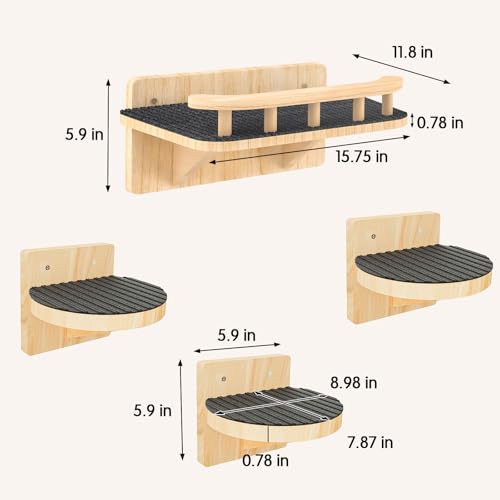 Cat Wall Shelves with 3 Steps, Floating Cat Shelves for Wall with Wide Perch, Modern Wood Wall Mounted Furniture up to 15lbs, Climber Shelf for Small/Medium Cats Sleeping,Jumping, Playing - size: Rectangular