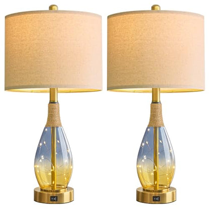 OYEARS 23" Table Lamps for Living Room Set of 2,Bedside Lamps for Night Stands, Rattan Lamps for Bedroom,Farmhouse Lamps with Glass Nightlight,Two Light Points - color: Yellow Blue