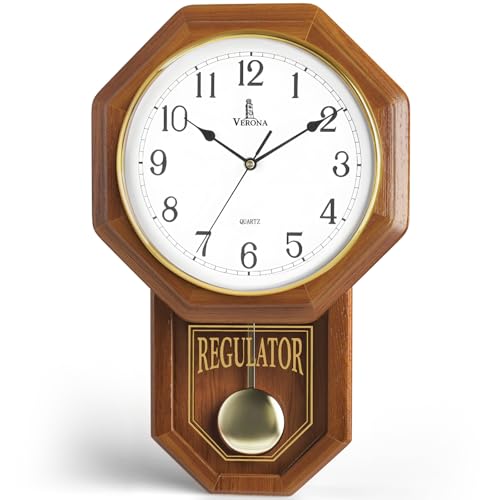 Pendulum Wall Clock Battery Operated, Real Wood Regulator Clock, Quiet - color: Light Wood With Arabic Numerals