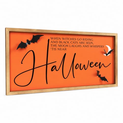 Large Halloween Wall Art Framed With 3d Bats, Spooky Wall Decor - color: orange-1