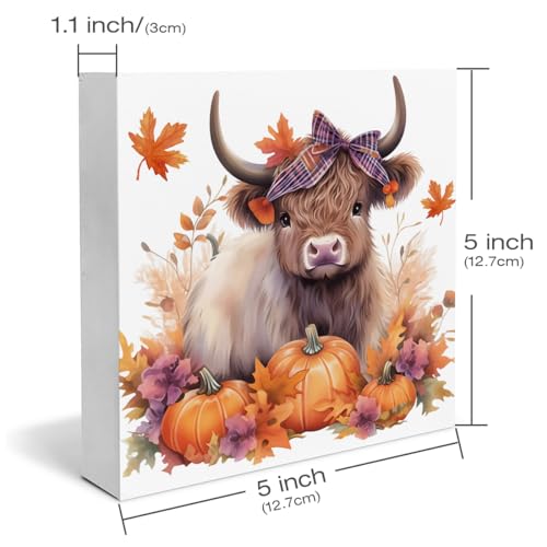 Fall Decor Fall Home Wooden Box Sign Autumn Harvest Thanksgiving Decorations Rustic Home Desk Shelf Tabletop Decor 5 x 5 Inches - color: Multicolor Cow