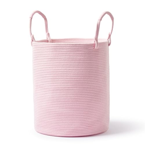 Laundry Hamper Basket, Woven Cotton Rope Blanket Basket, Nursery Storage - color: Light Pink, size: 15"D x 18"H