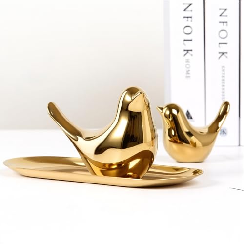 Set of 2 Gold Bird Statues Modern Abstract Ceramic Bird Figurines Small & Large Golden Bird Sculptures Minimalist Decorative Bird Ornaments for Home Living Room Shelf Office Table