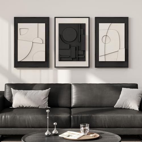 3D Textured Framed Black and White Abstract Wall Art Set of 3, 16x24 In - color: Black and White, size: 16"w X 24"h X 3pcs