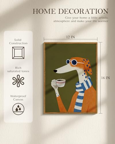 WHASAYART Whimsical Coffee Canvas Wall Art Greyhound Dog Framed Decor 12x16 - color: Coffee Time, size: 16"L x 12"W