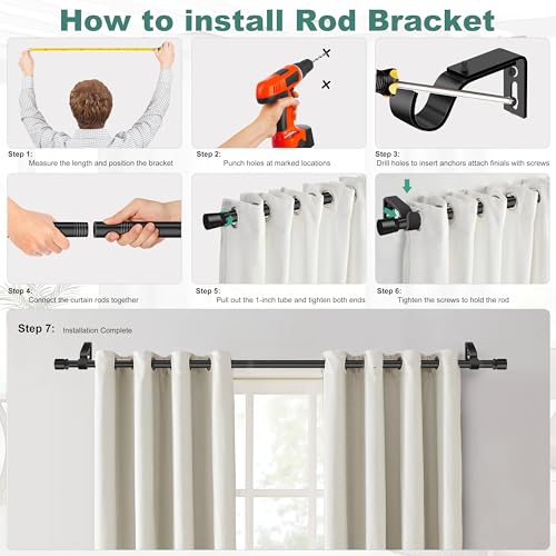 Ottsuls Curtain Rods for Windows, 32 to 132 or 143 Inches Max Adjustable Length, 1 Inch Diameter, Black Decorative Curtain Rod Set, Rustproof Heavy Duty Metal Pole with Brackets - size: 32" to 132"