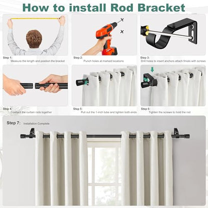 Ottsuls Curtain Rods for Windows, 32 to 132 or 143 Inches Max Adjustable Length, 1 Inch Diameter, Black Decorative Curtain Rod Set, Rustproof Heavy Duty Metal Pole with Brackets - size: 32" to 132"