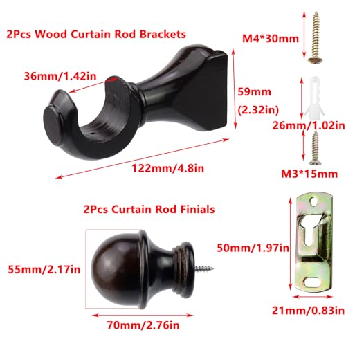Antrader 2Pcs Finials for Curtain Rods and 2Pcs Wood Curtain Rod Brackets - color: Coffee Color