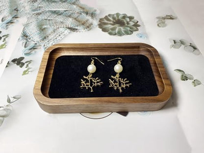 Wooden Jewelry Tray Small Trinket Dish with Velvet Surface Rings Earrings Dish Necklaces Bracelet Organizer Display Tray for Dresser Drawer Tabletop Birthday Gift(Rectangle) - size: Rectangle-Walnut