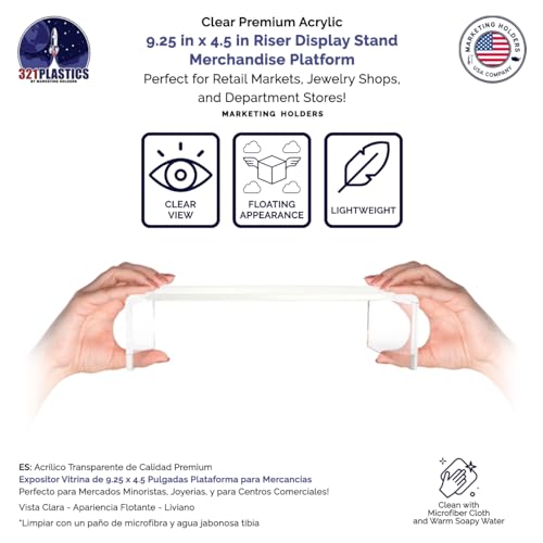 Marketing Holders 2 Pack Acrylic Riser Display Platform 9 Inch Wide by 4.5 Inch Deep Clear One Piece Lucite Retail Product Showcase Shelf Merchandising Platform Pedestal for Expos and Tradeshows - size: 9"W x 4.5"D x 2"H Riser