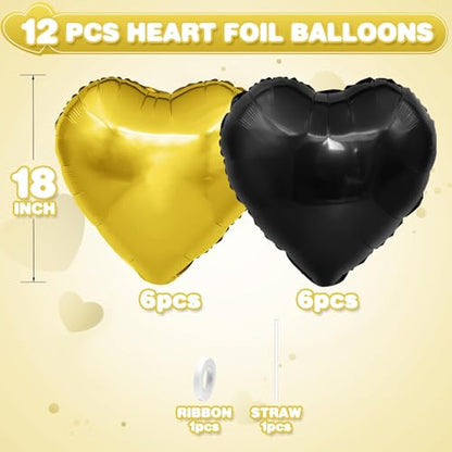 Black Gold Heart Foil Balloons,12Pcs 18Inch Heart Shaped Balloons - color: Black Gold