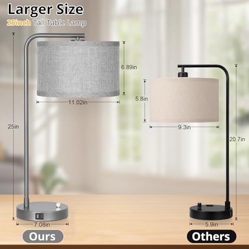 Gray Bedside Lamp with USB C+A Ports, Fully Dimmable Modern Nightstand Lamp - color: Metal Gray Base with Gray Shade