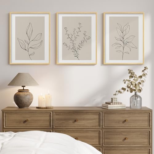Framed Neutral Botanical Minimalist Line Canvas Wall Art Bedroom, 12x16 In | Neutral botanical line, 3 piece, Canvas print, Modern minimalist pictures, Beige plant artwork, Master guest bedroom wall art - color: Neutral Beige