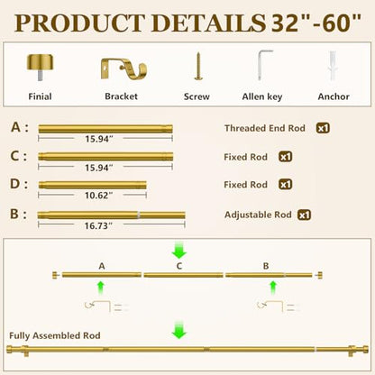 Curtain Rods for Windows 32-60 Inch, 1 Inch Adjustable Flash Gold Curtain Rod Set with Brackets, Easy Install - color: Flash Gold, size: 32"-60"/1 Pack