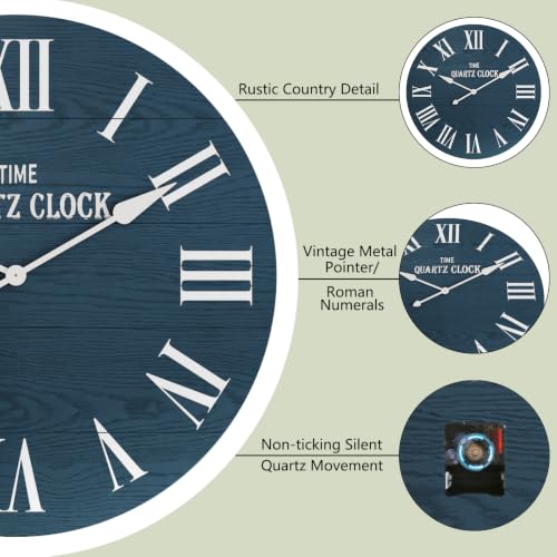 ARTPOWER 35.5" Extra Large Farmhouse Wall Clock,Solid Wood Veneer,Navy Blue - color: Blue, size: 35.5"W x 35.5"H