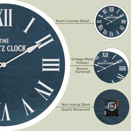 ARTPOWER 35.5" Extra Large Farmhouse Wall Clock,Solid Wood Veneer,Navy Blue - color: Blue, size: 35.5"W x 35.5"H