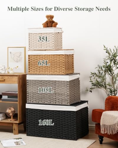 SETVSON Storage Basket with Lid PE Rattan 27.8 Gal Wicker Chest, Gray - color: Gray, size: 105L-25.2L*15.4W*16.1H