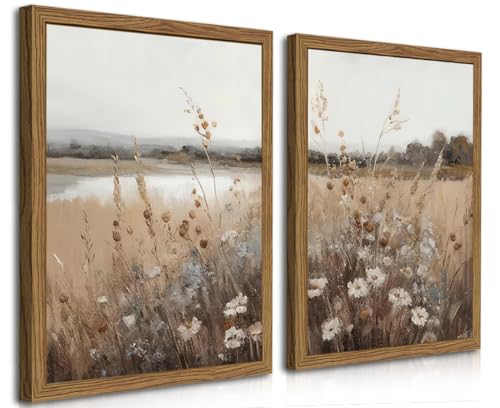 Framed Vintage Wildflower Wall Art Set of 2, Retro Country Floral Canvas Wall Decor Paintings, Farmhouse Field Landscape Posters Prints for Bedroom Bathroom Living Room Home Decor 16x24In Wood Frame - color: Brown Vintage, size: 24L" x 16W"