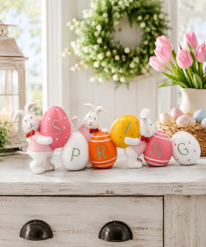 Easter Bunny with Egg Figurines, Rabbit Egg Statues, Spring Home Decorations, Easter Theme, Bookshelf Mantle Decor