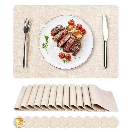NCUE Vinyl Placemats Set of 12, 17"x12" Wipeable Place Mats with Coasters - color: Beige, size: Set of 12