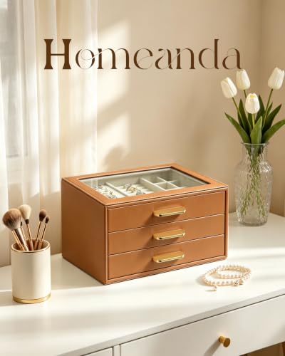 Homeanda Jewelry Boxes Organizer with Glass Lid, 3-Layer PU Leather, Brown - color: Brown, size: 3 Layer