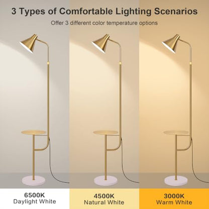 Gold Brass Brushed Floor Lamps with Side Table, Dimmable Light - color: Gold