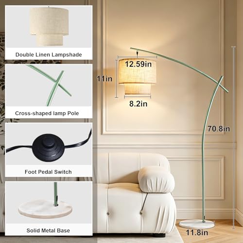 Lightdot Arc Floor Lamp, Modern Standing Lamps with Double Linen Lampshade - color: Fabric-Green