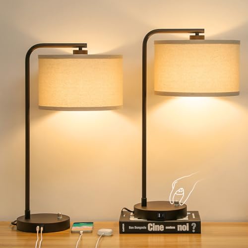 Tall Table Lamps Set of 2, Fully Dimmable Bedside Lamp with USB C+A Ports - color: Brown 2 Pack