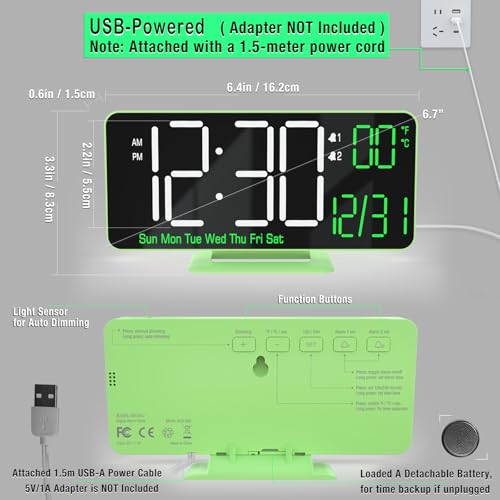 KOSUMOSU Small Digital Clock, 6.7in Alarm Clocks for Bedrooms, Auto Dimming, Room Temperature, Day of The Week, Seconds, Date, Desk Clock for Bedroom, Digital Clocks for Living Room - color: Green (White + Green Digits)