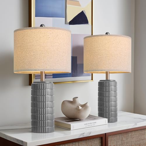 PoKat 23" Ceramic Dark Gray Table Lamps Set of 2 for Living Room, Modern Bedside Lamps for Bedroom, Farmhouse Nightstand Lamp for Home Office Guest Room Sideboard Entryway Decor Gifts - color: Gray