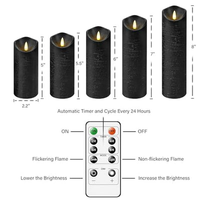 Nimiko Flickering Flameless Candles with Remote Control and Timer Set of 5 Pc Real Wax LED Pillar Candles, Battery Operated Candles（D2.2×H5/5.5"/6"/7"/8"） Home Decor Flameless Candles（Black） - color: True wax black