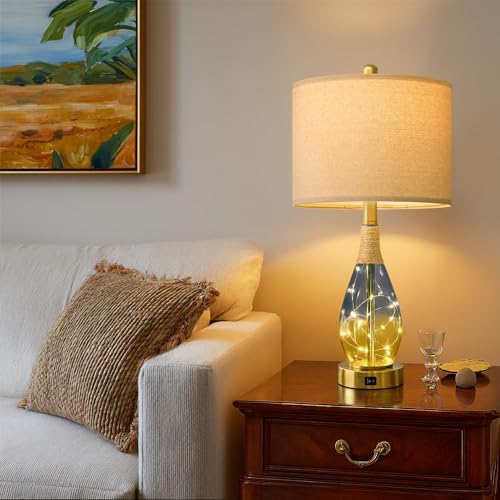 OYEARS 23" Table Lamps for Living Room Set of 2,Bedside Lamps for Night Stands, Rattan Lamps for Bedroom,Farmhouse Lamps with Glass Nightlight,Two Light Points - color: Yellow Blue
