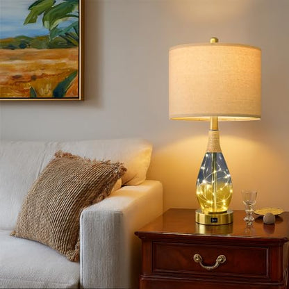 OYEARS 23" Table Lamps for Living Room Set of 2,Bedside Lamps for Night Stands, Rattan Lamps for Bedroom,Farmhouse Lamps with Glass Nightlight,Two Light Points - color: Yellow Blue