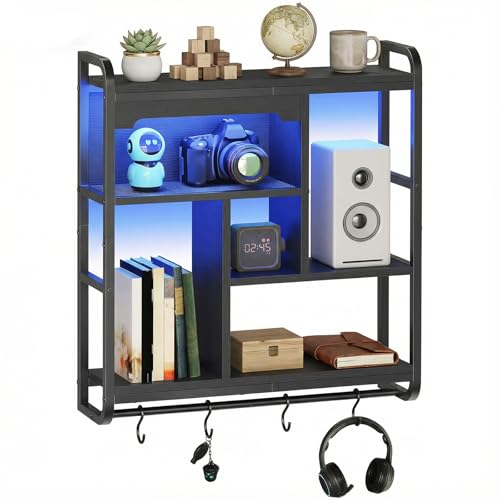 HOOBRO Gaming Floating Shelves for Wall, 26.4" LED Wall Shelf Display Rack - color: Black