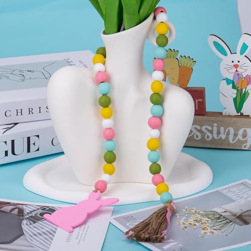 Easter Wood Bead Garland with Jute Tassel, Spring Decor Farmhouse Wooden Beads Rustic Prayer Beads for Tiered Tray Shelf Mantle Home Decor (Rabbit) - color: Rabbit